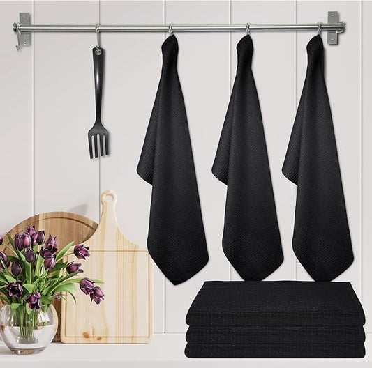 Kitchen Towels Set of 6 Soft Premium Cotton Highly Absorbent Dish Towels 18x28 Inches, Washable & Reusable Tea Towel, Quick Drying Dish Cloths with Hanging Loop - Black Solid
