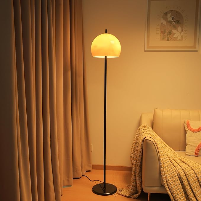 Mid Century Floor Lamp, Mushroom Retro Floor Lamp with Orange Bell Glass Shade and Black Marble Base, Modern Standing Tall Lamp for Living Room, Bedroom, Home Office Deco