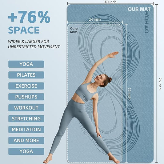 Large 76"x40"x0.4" Yoga Mat - Extra Width & Thick Non-Slip Exercise Mat, Versatile for Stretching, Yoga Studio, Gym, Home & Indoor/Outdoor Workouts