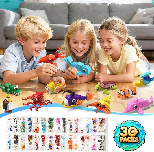 30 Pack Animals Valentines Party Favors For Kids, 824PCS Marine Animal Building Block Sets for Valentines Day Goodie Bags Filler Classroom Prizes Stocking Stuffers Birthday Gifts for Boys Girls 6+