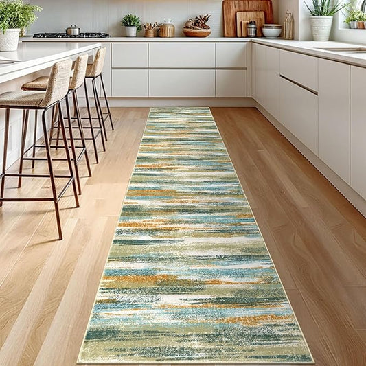 Modern Abstract Runner Rug 2.6x12, Green Mustard Multi Washable Long Kitchen Runner Non-Slip Soft Hallway Rug Runner Thin Print Faux Wool Carpet for Entryway Bedroom Laundry Room Indoor