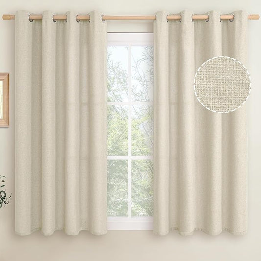 LAMIT Natural Linen Curtains for Bedroom 45 inch Length 2 Panels, Linen Textured Thermal Insulated Curtains Grommet Privacy Burlap Neutral Drapes for Living Room/Farmhouse, W52 x L45, Natural Beige