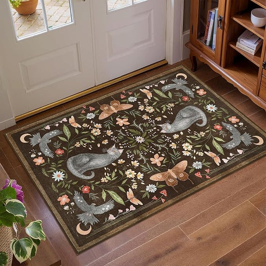 GarveeHome Cat Entryway Rug, 2x3 Mushroom Insect Brown Washable Front Door Rug Indoor Entrance Floral Carpet Non-Slip Low Pile Throw Rugs for Kitchen Floor, Powder Room, Entry, Bathroom, Kids Room