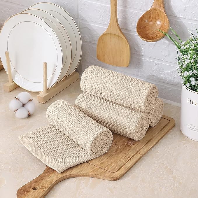 Kitinjoy 100% Cotton Kitchen Towels and Dishcloths Set, 12 Pack Waffle Weave Dish Towels Ultra Soft Absorbent Quick Drying Dish Rags, 13 x 28 Inch and 12 X 12 Inch, Beige