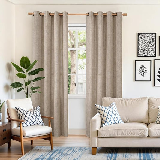 YoungsTex Oatmeal Semi Sheer Linen Curtains 80 Inch Length for Living Room, Burlap Light Filtering Window Treatments with Bronze Grommet for Bedroom Farmhouse, 52 x 80 Inch, 2 Panels