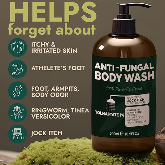 Antifungal Body Wash with Tea Tree Oil | Antibacterial Soap for Back Acne, Eczema & Jock Itch,Treats Ringworm | Antibacterial Body Soap For Men And Women (1% Tolnaftate Medicated Body Wash) 16.9 oz