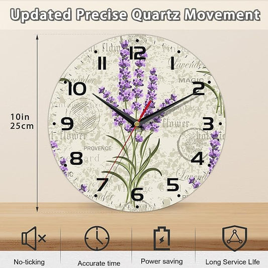 Vintage Floral with Lavenders Wall Clock Silent Non-Ticking Battery Operated Clock 10 Inch, Home Decor for Living Room, Kitchen, Bedroom and Office