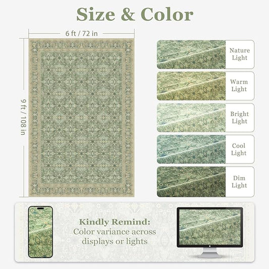 Boho Sage Green 6x9 Area Rug, Non Slip Washable Rugs for Living Room Bedroom Low Pile Thin, Floral Moroccan Pattern Printed Carpet Rug for Dining Room Home Office Nursery Playroom