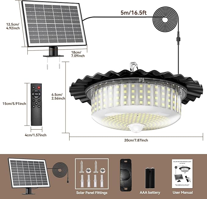 Solar Shed Light Indoor Outdoor, 396LED 360° Lighting Waterproof Solar Powered Pendant Light with Motion Sensor, 5 Modes, Remote & Timer, for Home Shed Chicken Coop Barn Shop Gazebo Garage