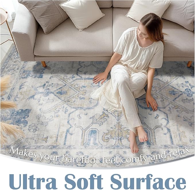 jinchan Hallway Runner Rug 3x8 Machine Washable - Vintage Floral Non-Slip Low-Pile Soft Ultra-Thin Faux Wool Kitchen Rug Distressed Carpet Runner for Farmhouse Bedroom Laundry Room (3x8ft,Blue)