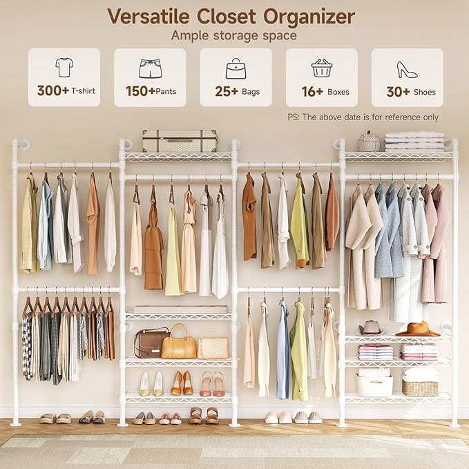 H4 Wall Mounted Closet System, Expandable Industrial Pipe Clothes Rack Clothing Rack for Hanging Clothes, Heavy Duty Closet Organizers and Storage in Wardrobe Closet - White