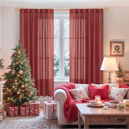 YoungsTex Burgundy Red Linen Curtains for Living Room 72 Inches Long - Light Filtering Drapes with Back Tab Rod Pocket Privacy Semi Sheer for Bedroom Windows, 2 Panels 52 X 72 Inch