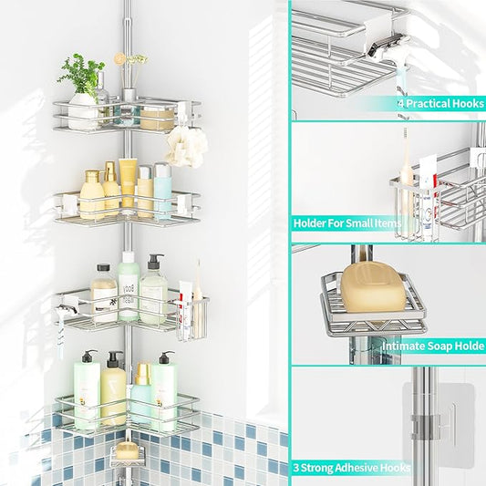 HapiRm Corner Shower Caddy Organizer - Shower Organizer Corner with Soap Holder, Toothbrush Holder and 4 Hooks, Rustproof Bathroom Shelf Tension Pole Available for 27.6 to 108.3 Inch - Silver