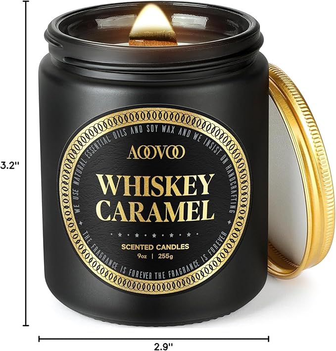 AOOVOO Scented Candles for Men - Premium Whiskey Caramel Candle for Home Scented | Crackling Wood Wick Soy Candles | Strong Fragranced Masculine Black Jar Candle Gift for Women & Men, AO-LZY0157