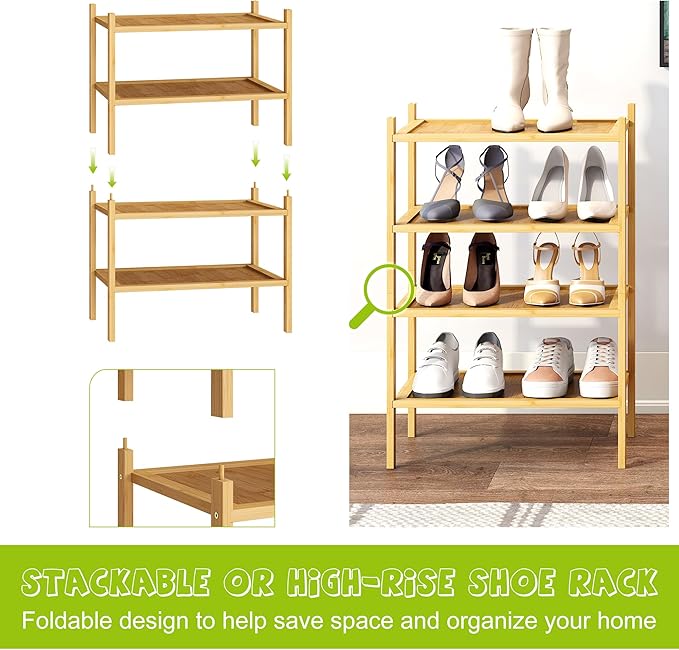 BMOSU 2-Tier Bamboo Small Shoe Rack Premium Stackable Shoe Shelf Storage Organizer for Hallway Closet Living Room Entryway Organizer(Natural)