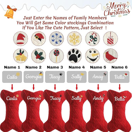 Personalized Christmas Stockings for Dogs,Custom Embroidered Name+Logo Xmas Knitted Bone Stockings,Holiday and Family Stocking for Fireplace Christmas Holiday Party Decoration 1-6Pack(Red)