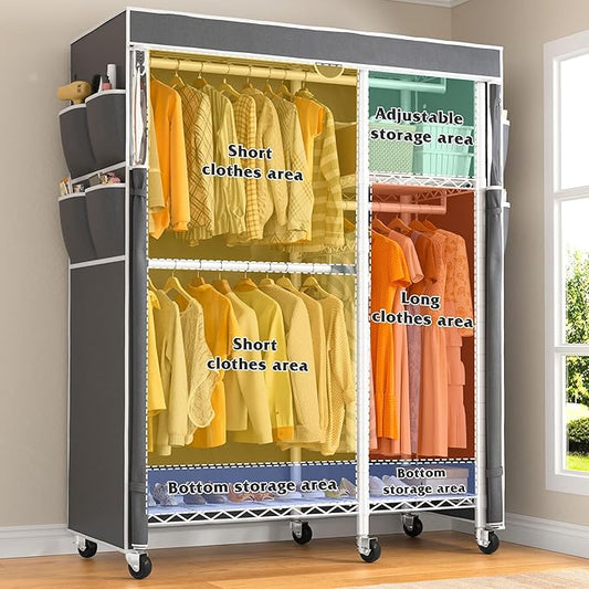 Raybee Clothes Rack with Cover Clothing Racks for Hanging Clothes Heavy Duty Portable Closet with Wheels,Rolling Garment Rack for Bedroom,White