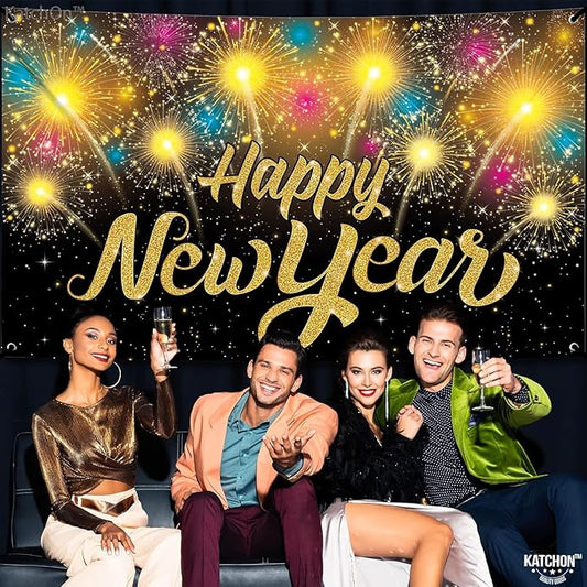 KatchOn, XtraLarge Happy New Year Banner - 72x44 Inch | Happy New Year Backdrop for New Years Decorations 2026 | NYE Eve Banner for NYE Decorations 2026 | New Years Eve Party Supplies 2026