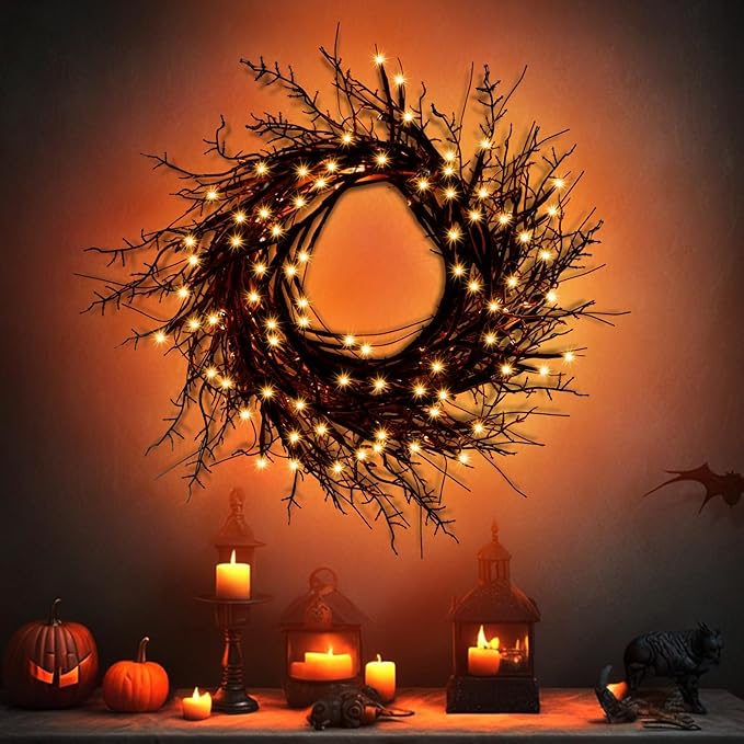 9 Ft 54 LED Halloween Willow Vine Twig Decor Garland with 8 Modes Timer Waterproof Battery Operated Scary Halloween Decorations for Home Wall Mantle Fireplace Decor