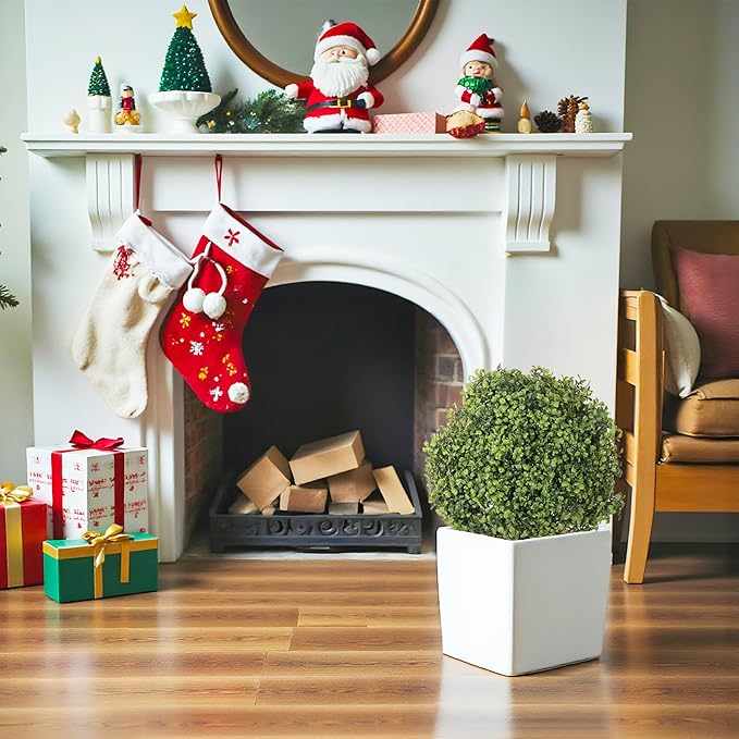 THE BLOOM TIMES 2ft Faux Boxwood Plants Outdoor Set of 2, 24" UV-Resistant Artificial Topiary Ball Trees, Fake Potted Greenery for Front Porch Planter, Patio Outside Decor