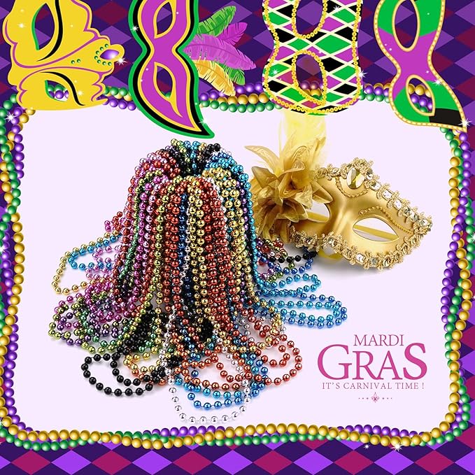 YAXINRUI 120 PCS Mardi Gras Beads, Party Beads Necklaces for Mardi Gras, Christmas, St. Patrick's Day, Metallic Colorful Necklaces Accessories in 12 Colors