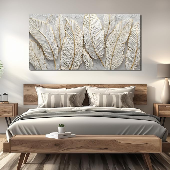 JuhaiArt White Picture Art Feather Canvas Wall Art Bedroom Gold Wall Decorations Art for Living Room Home Office 29" x 59" Artwork Prints