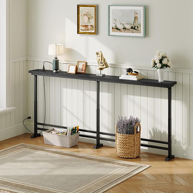 78.7" Console Table with Adjustable Height (27.6"-35.4") and Power Outlet, Skinny Behind Couch Table, Narrow Long Sofa Table for Living Room, Hallway, Entryway, Black CT09UBB