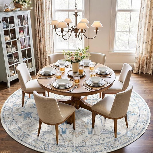 jinchan Round Rug 7ft Area Rug Vintage Floor Mat Kitchen Indoor Ultra-Thin Soft Floral Print Washable Circle 7' Accent for Farmhouse Non Slip Dining Room Living Room Bedroom Office Blue