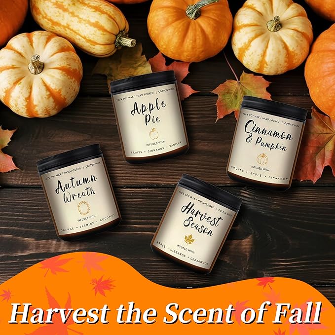 Fall Candles Gift Set โ 4 Pack Scented Soy Candles for Home, Autumn Decor, Fall Decorations, Pumpkin Spice, Apple Pie, Cinnamon, Harvest โ Great for Halloween & Thanksgiving Gifts
