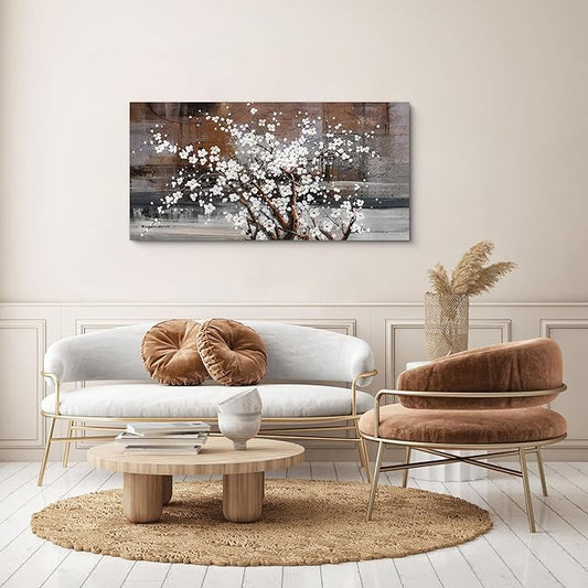 KLAKLA Wall Art for Living Room Large Modern Wall Decor Canvas Paintings for Wall Decorations White Flower on Brown Background Bedroom Office Artwork Plum Blossom Art Prints Framed 20x40