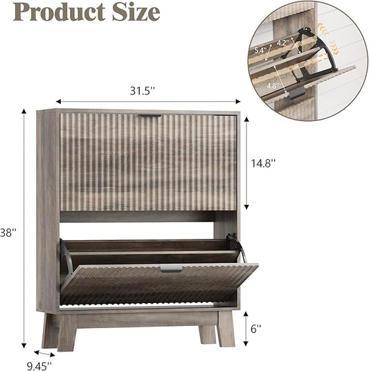 Shoe Cabinet Storage for Entryway with 2 Flip Drawers, Fluted Narrow Shoe Organizer with Wooden Legs, Freestanding Slim Shoe Storage Hidden Shoe Rack Organizer for Front Door Entrance, Grey