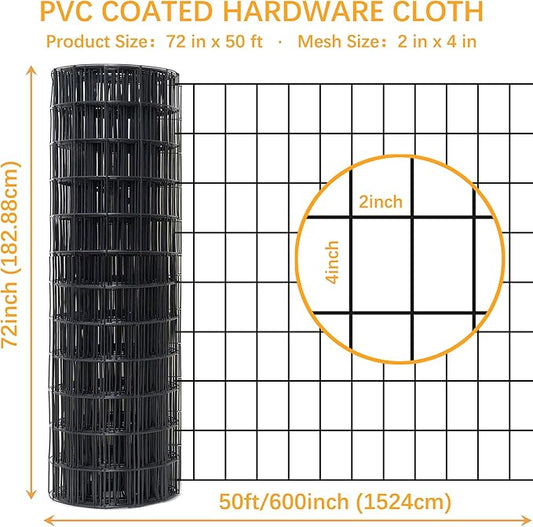 Black Metal Garden Fence, 72inch(H) x 50ft(L), 2 inch x 4 inch,12.5GA 2/3/4/5/6 Ft Tall Chicken Wire PVC Coated Welded Wire Mesh Roll for Dogs Border Yard Vegetable Plant Protection Poultry Netting
