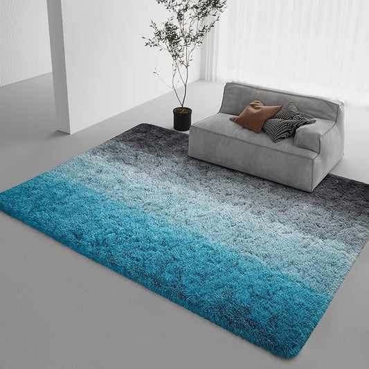 DweIke Luxury Fluffy Kids Rugs for Living Room Bedroom, 5x8 Large Shaggy Black and Blue Area Rug for Girls Boys, Upgrade Plush Non-Slip and Washable Colorful Fuzzy Carpet for Dorm Nursery Decor