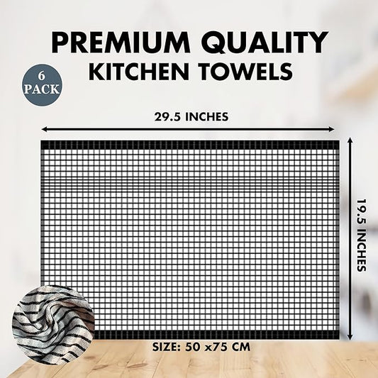 6 Pack Cotton Kitchen Towels – 29.5 x 19.5 Inches Grey & White Checkered Tea Towels, Absorbent Dish Cloths & Kitchen Drying Towels, Quick-Dry Hand Towels with Hanging Loop, Durable, Woven Design
