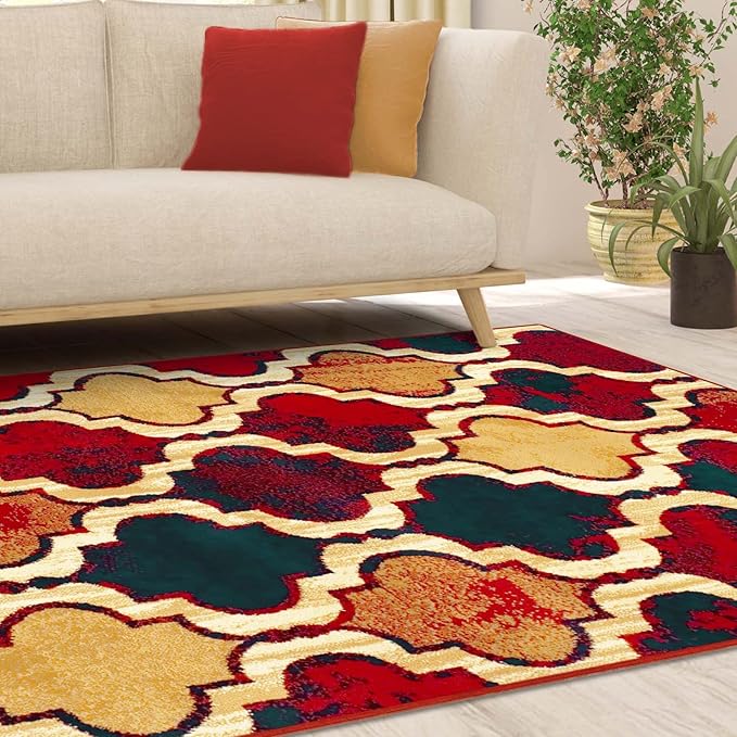 Superior Indoor Small Area Rug, Jute Backed, Perfect for Living/ Dining Room, Bedroom, Office, Kitchen, Entryway, Modern Geometric Trellis Floor Decor, Viking Collection, 4' x 6', Red Blue