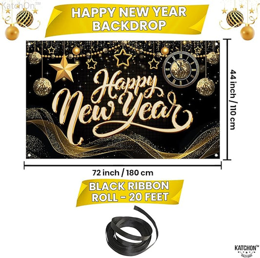 KatchOn, XtraLarge Happy New Year Banner - 72x44 Inch | Happy New Year Backdrop for Happy New Years Decorations 2026 | NYE Decorations 2026, New Years Eve Party Supplies 2026