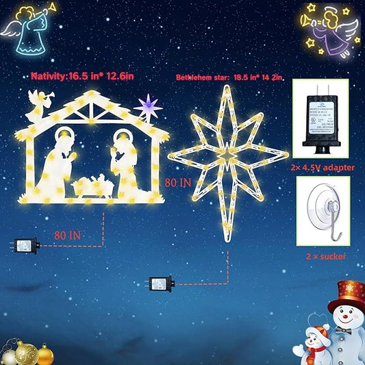 Christmas Decorations - 16" Christmas Window Silhouette Lights - 2 Pack Colour Lighted Bethlehem Star & Nativity for Holiday Indoor and Outdoor Wall Door Window Decorate