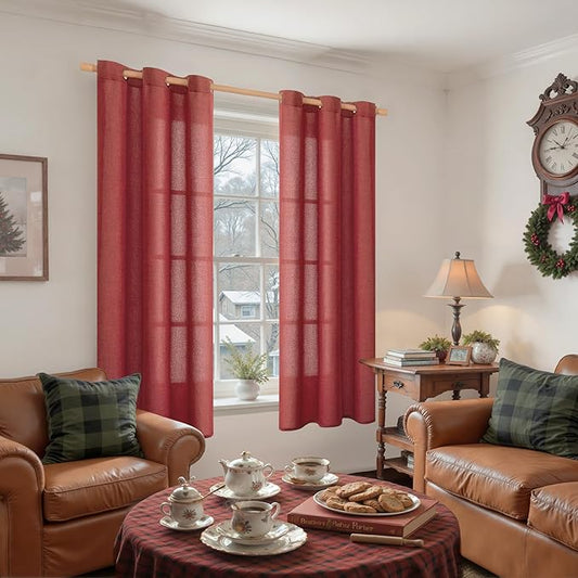YoungsTex Red Linen Curtains 63 Inch Length for Living Room, Light Filtering Window Drapes with Bronze Grommet Semi Sheer Privacy for Bedroom, 42 x 63 Inch, 2 Panels