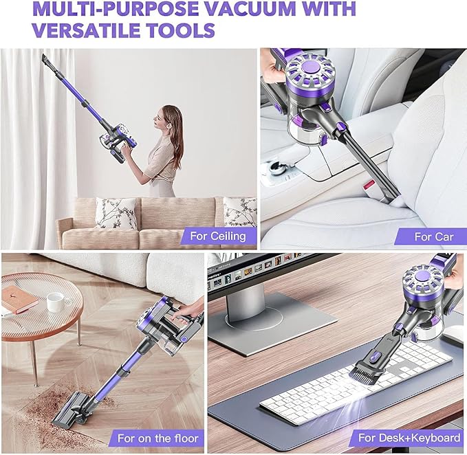 Cordless Vacuum Cleaner,Vacuum Cleaners for Home with Super Suction,Lightweight Stick Vacuum with 35 Mins Runtime,Rechargeable Cordless Vacuum for Carpet, Tile, Pet Hair, Hardwood Floors(Purple)