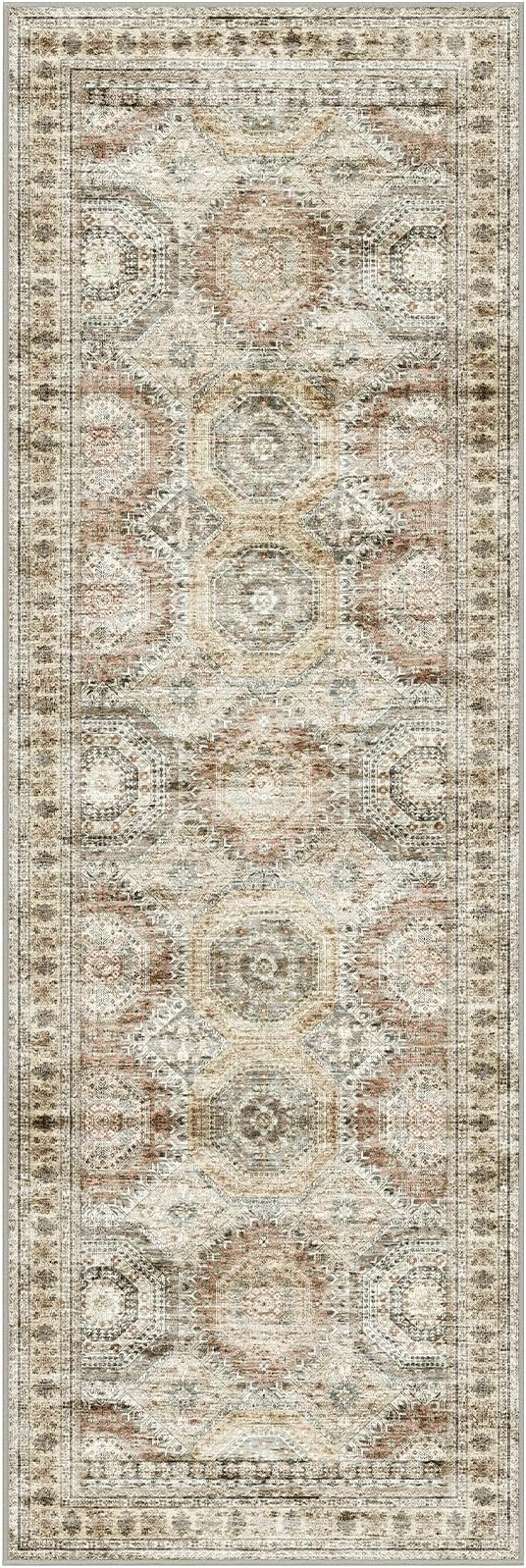 Washable Runner Rugs for Bedroom - 2x6 Runner Rug Non Slip, Ultra-Thin Entryway Runner, Soft Abstract Kitchen Runner for Hallway, Laundry, Bathroom, Indoor Door Mat(2'x6', Brown/Pink)