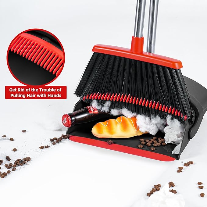 Broom and Dustpan Set, Broom Dustpan Combo with Adjustable Handle Broom Dust Pan Teeth to Automatically Clean Hair for Home Office Kitchen Lobby
