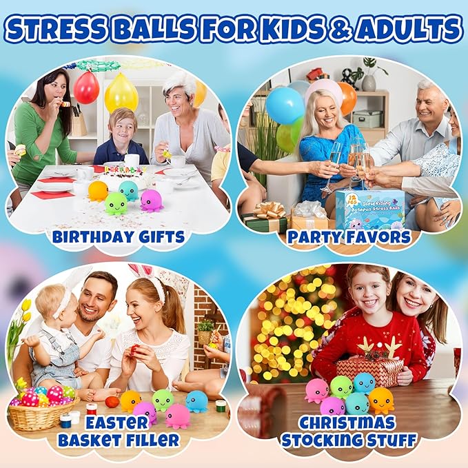 12 Pack Stress Balls for Adults, Cute Octopus Stress Relief Stress Ball, Fidget Toys Bulk Squishy Squeeze Ball Set and Birthday Party Favors Toys for Kids