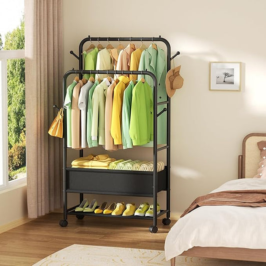 Clothing Racks for Hanging Clothes, Portable Clothing Rack with Wheels Rolling Clothes Racks, Black Garment Racks-Storage Box