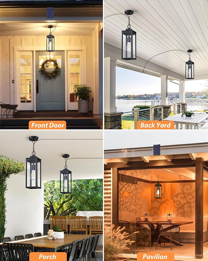 15'' Large Solar Pendant Light Outdoor, Modern Outside Chandelier Outdoor Hanging Lantern, Black with Clear Glass, Exterior Pendant Lighting Fixture Ceiling Mount for Porch, Entryway, Gazebo, 1 Pack
