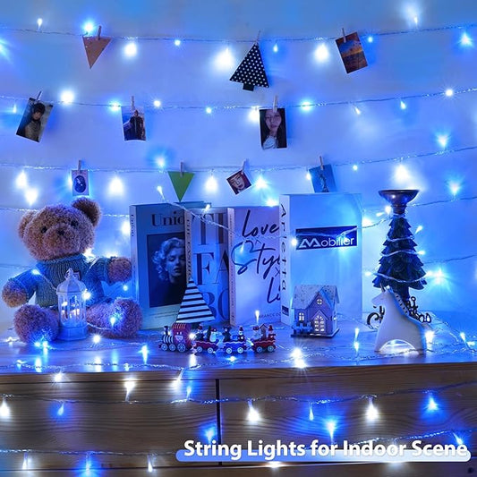 2 Pack String Lights Battery Operated with Timer, 66FT 200 LED Waterproof Battery Twinkle Lights, 8 Modes Fairy Light for Indoor & Outdoor Party Bedroom Christmas Decorations (Blue and White)