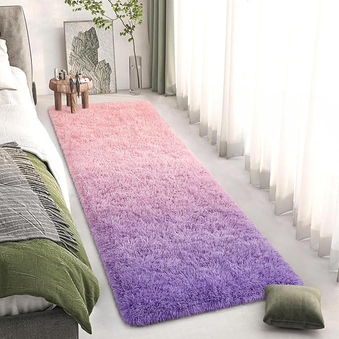 DweIke Luxury Shaggy Runner Rugs for Bedroom, 2x6 Feet Fluffy Runners Carpet for Girls Boys Kids, Non-Slip Extra Comfy Plush Bed Beside Rug for Living Room Nursery Home Decor, Pink and Purple