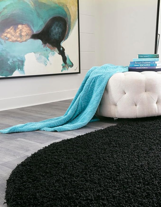 Unique Loom Solid Shag Collection Area Rug (7' 10" x 10' Oval, Jet Black)