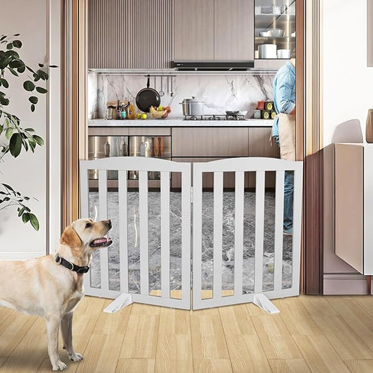 ZJSF Foldable Freestanding Indoor Dog Gate for House Wood Long Pet Gates Dog Fence for Stairs Puppy Gates for Hallways, Puppy Gate,Support Feet Included, Grey, 24 "Height-2 Panels