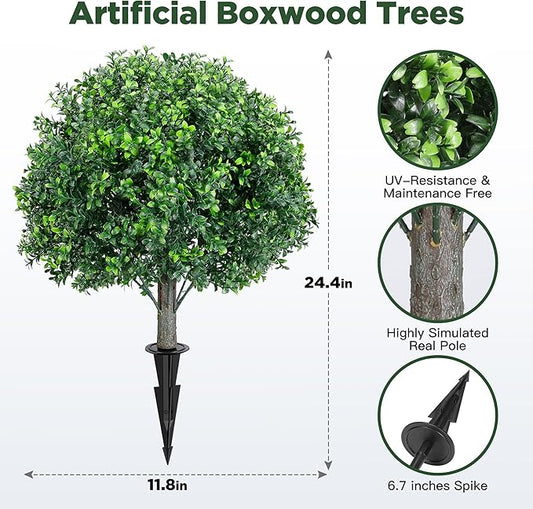Artificial Boxwood Topiary Ball Tree 2 Pack, UV Resistant Artificial Shrub Bushes with Ground Spike, Fake Evergreen Artificial Plant Bushes for Front Porch, Garden, Indoor, Outdoor Planters