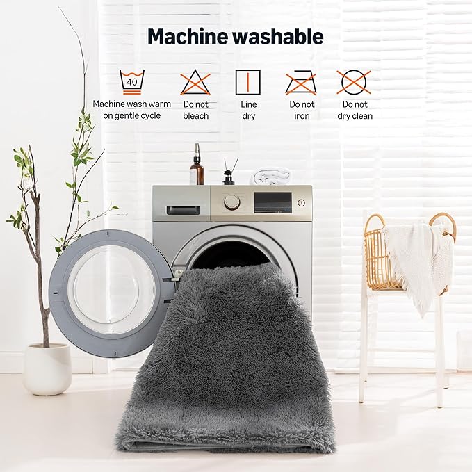Amazon Basics Fluffy Washable Area Rug, Bedside Shaggy Carpet for Door Entryway, Living Room and Bedroom, 2' W × 3' L, Gray